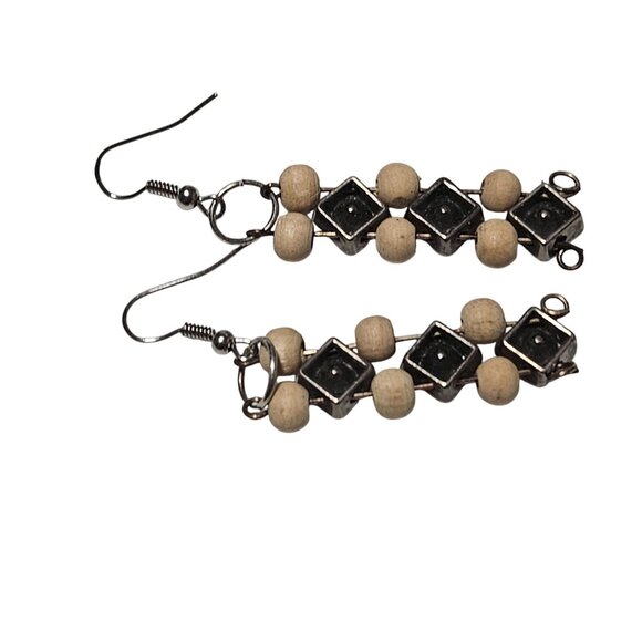 Boho Handcrafted Wooden Bead Red Gemstone Dangle Earrings Statement Jewelry - Picture 3 of 4